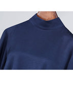 Navy Silk Linen Mandarin Collar Pullover Blouse Suitpure