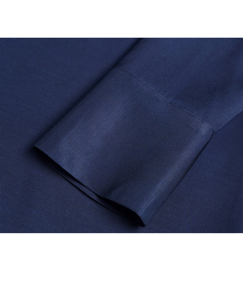 Navy Silk Linen Mandarin Collar Pullover Blouse Suitpure