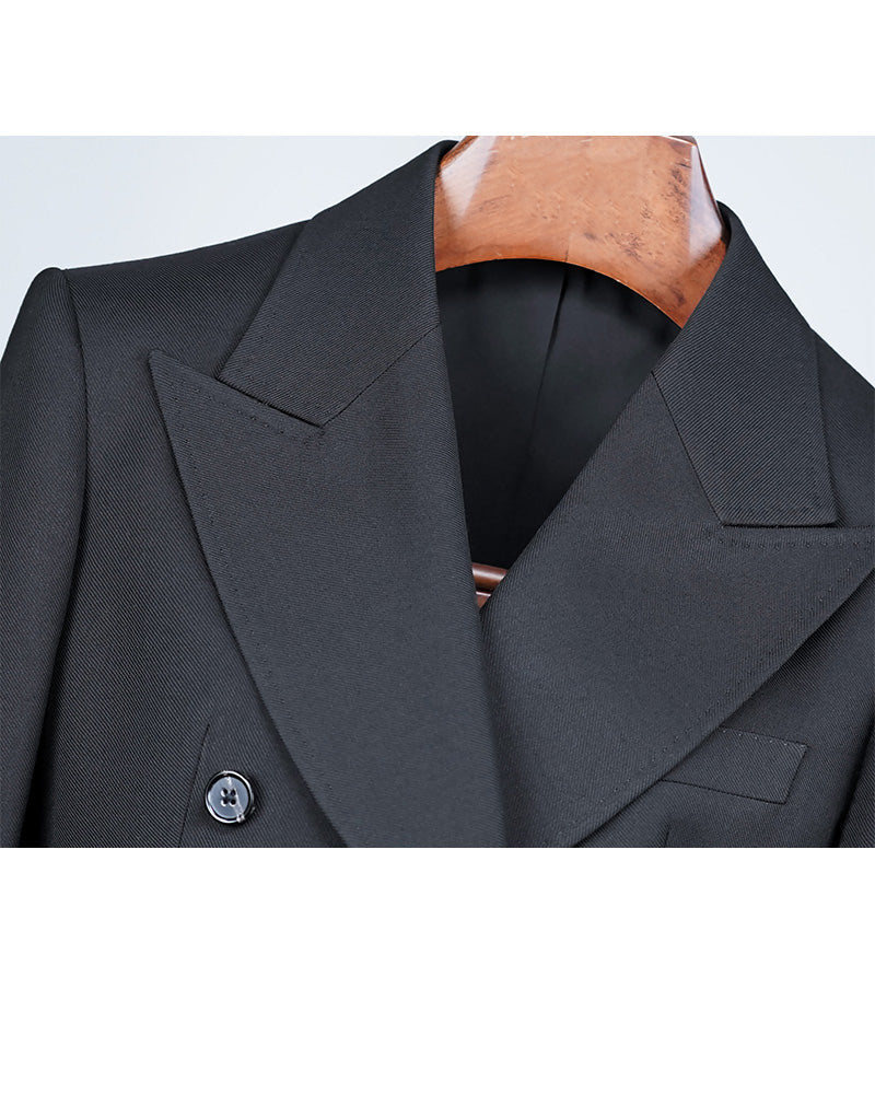 Deep Black Silk Wool Double-Breasted Blazer Suitpure