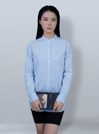 Women's Mandarin Collar Popover Shirt | 60% Cotton 20% Tencel 20% Bamboo Fiber Light Blue Micro Check Blouse