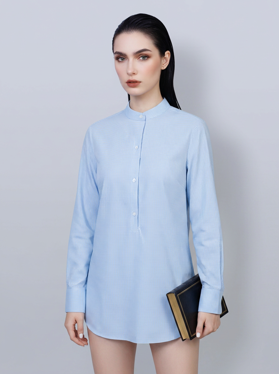 Women's Mandarin Collar Popover Shirt | 60% Cotton 20% Tencel 20% Bamboo Fiber Light Blue Micro Check Blouse