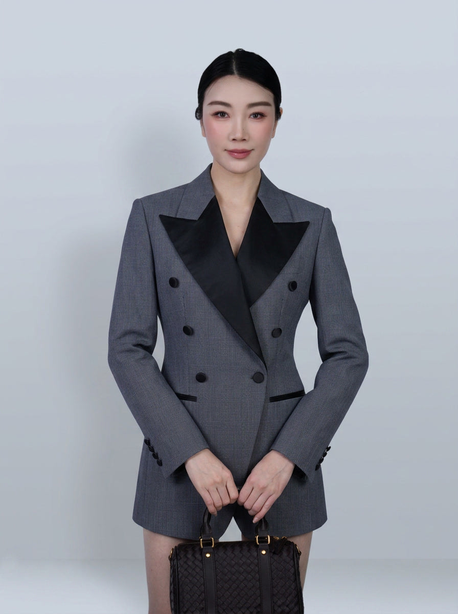 100% Wool Dark Grey Prince of Wales Check Satin‑Trimmed Formal Blazer