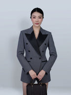 100% Wool Dark Grey Prince of Wales Check Satin‑Trimmed Formal Blazer