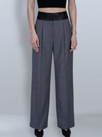 Dark Grey Prince of Wales Check Satin‑Trim Pleated Straight‑Leg Trousers | 100% Wool