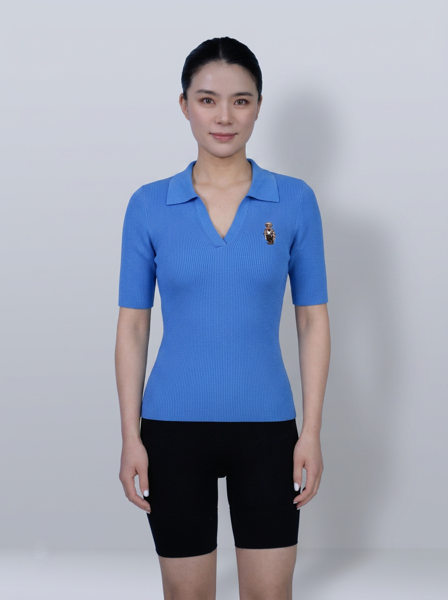 Bright Blue Ribbed V‑Polo Collar Elbow‑Sleeve Knit Top