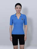 Bright Blue Ribbed V‑Polo Collar Elbow‑Sleeve Knit Top