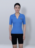 Bright Blue Ribbed V‑Polo Collar Elbow‑Sleeve Knit Top