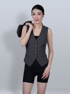 Dark brown wide-striped V-neck vest - 100% wool