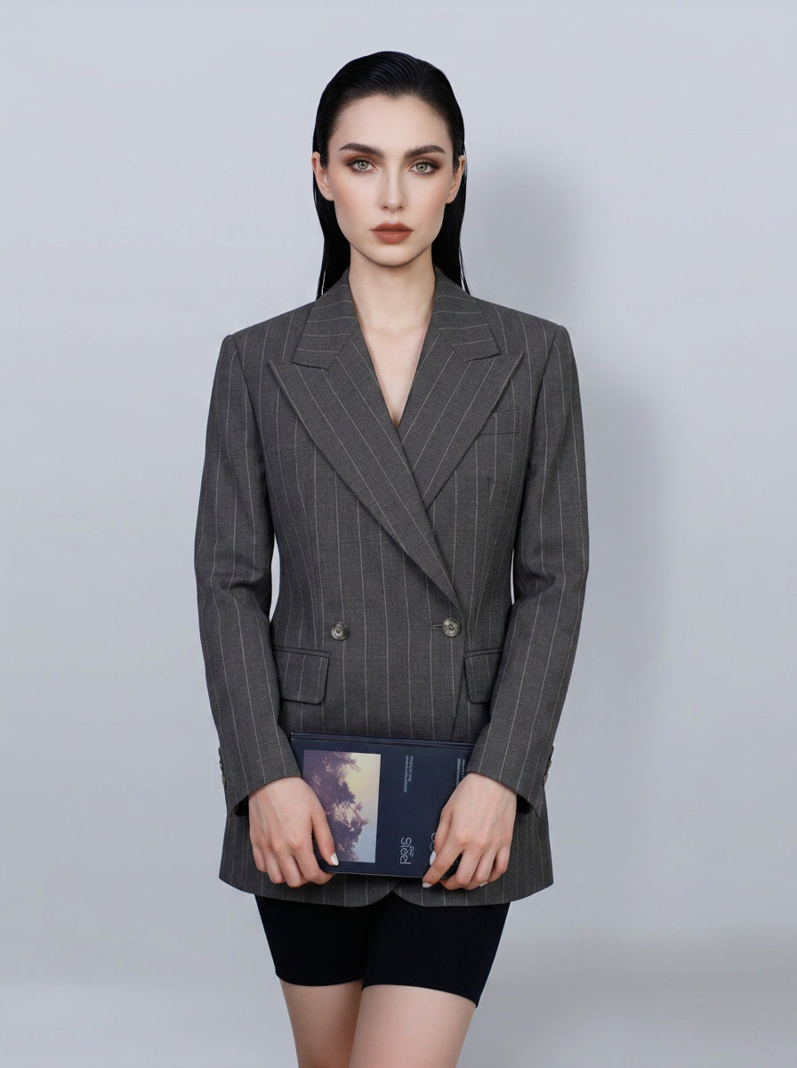 Women’s Dark Brown Wide‑Stripe Peak‑Lapel Wool Blazer | 100% Wool
