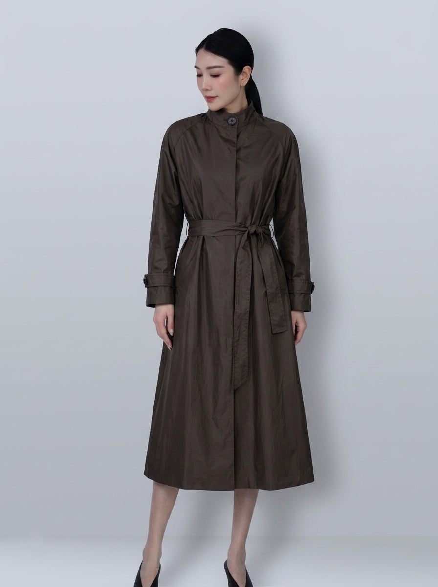 Dark Brown Waxed‑Paper Texture Stand Collar Long Trench Coat 100% Cotton