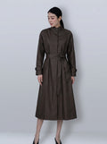 Dark Brown Waxed‑Paper Texture Stand Collar Long Trench Coat 100% Cotton