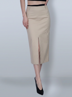 Khaki Tencel‑Cotton Waist‑Incorporated Midi Skirt Front & Back Slit