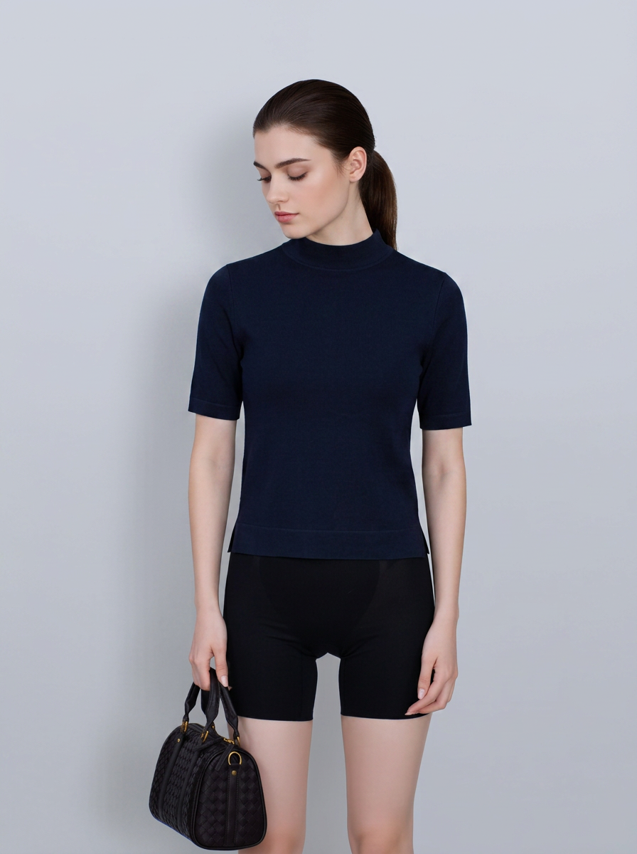 Mock‑Neck Wool‑Cotton‑Modal Soft Elbow‑Sleeve T‑Shirt Top