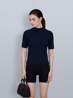 Mock‑Neck Wool‑Cotton‑Modal Soft Elbow‑Sleeve T‑Shirt Top