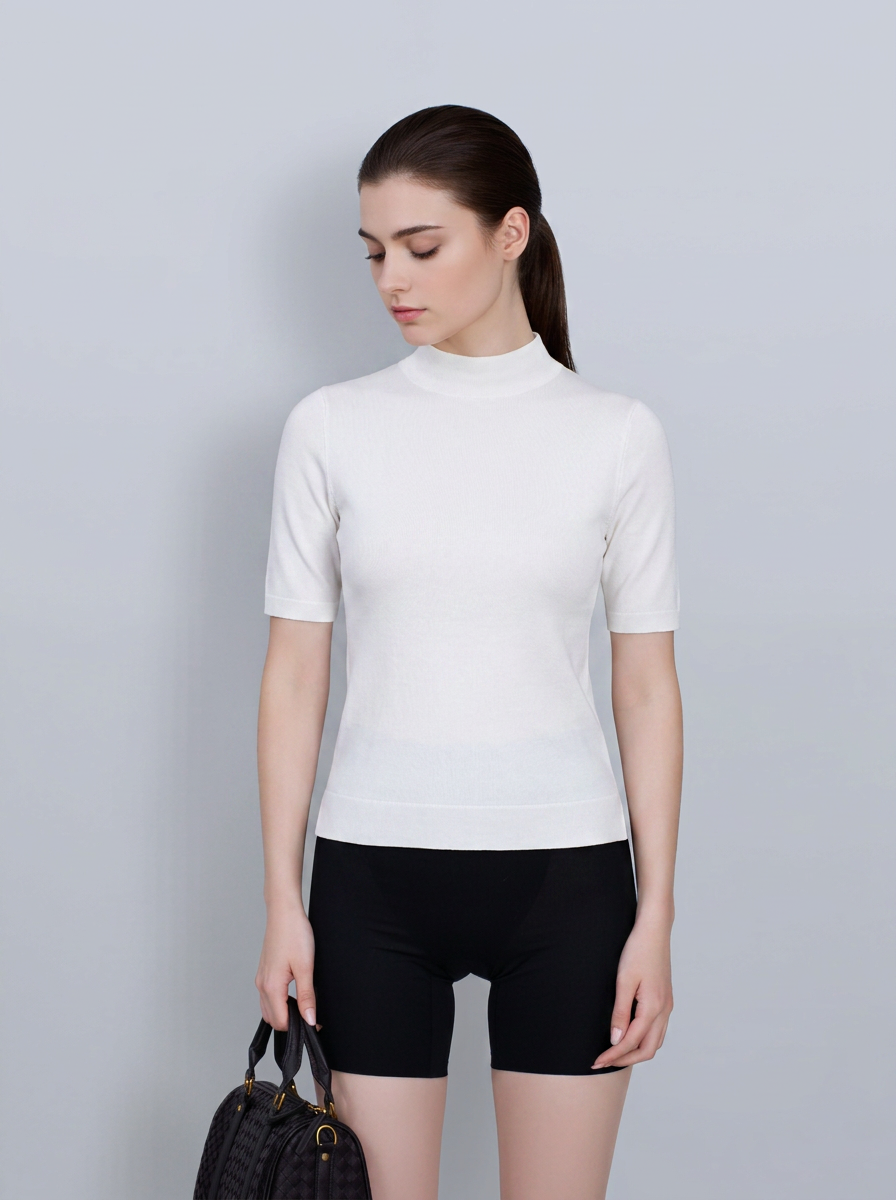Mock‑Neck Wool‑Cotton‑Modal Soft Elbow‑Sleeve T‑Shirt Top