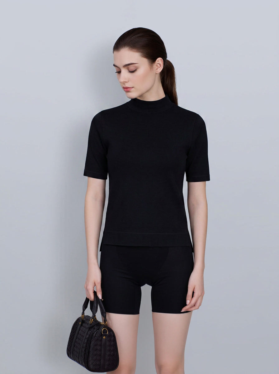 Mock‑Neck Wool‑Cotton‑Modal Soft Elbow‑Sleeve T‑Shirt Top