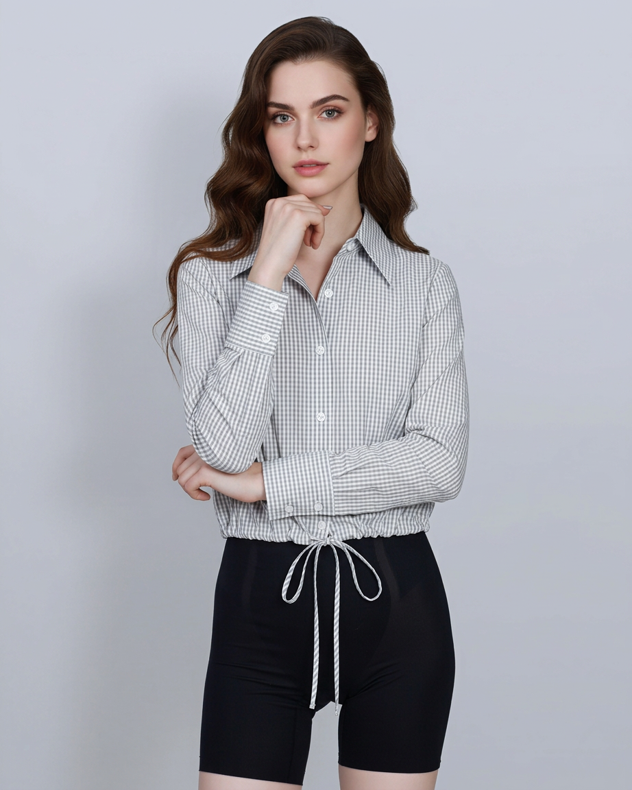 Simple Grey Plain Plaid Cropped Shirt with Gathered Hem
