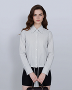 Simple Grey Plain Plaid Cropped Shirt with Gathered Hem