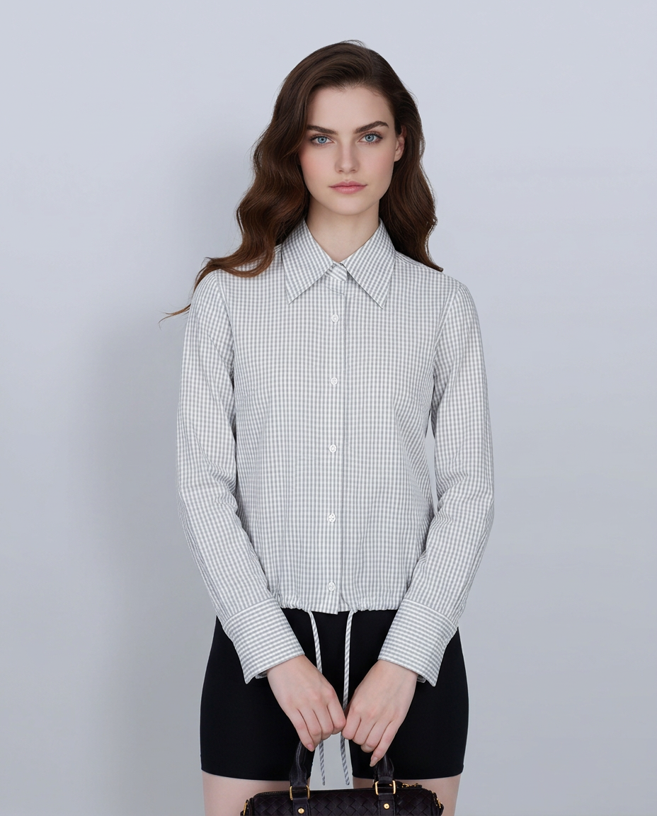 Simple Grey Plain Plaid Cropped Shirt with Gathered Hem