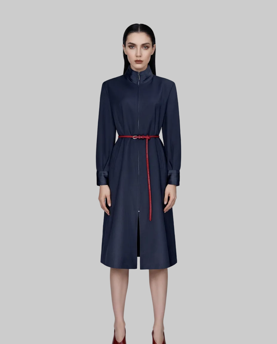 Navy 100% Wool Cavalry Twill Zip Front Dress