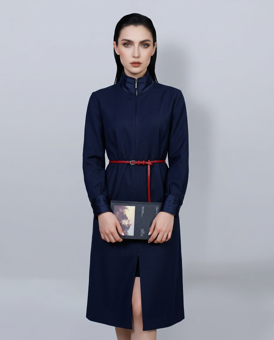 Navy 100% Wool Cavalry Twill Zip Front Dress