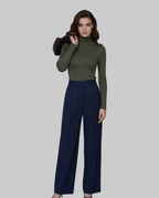 Navy 100% Wool Cavalry Twill Straight Trousers with Single Side Pleat | 100% Wool