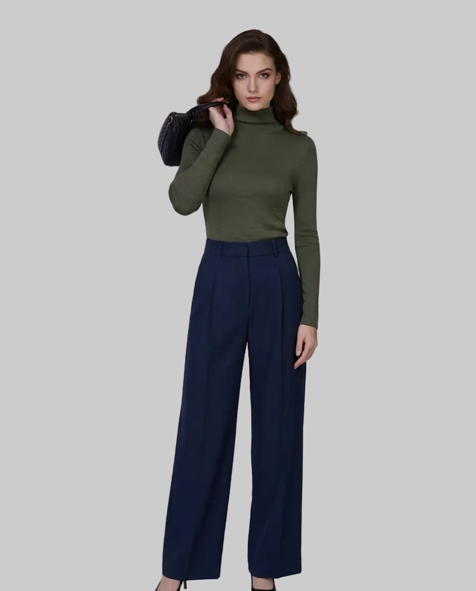 Navy 100% Wool Cavalry Twill Straight Trousers with Single Side Pleat | 100% Wool