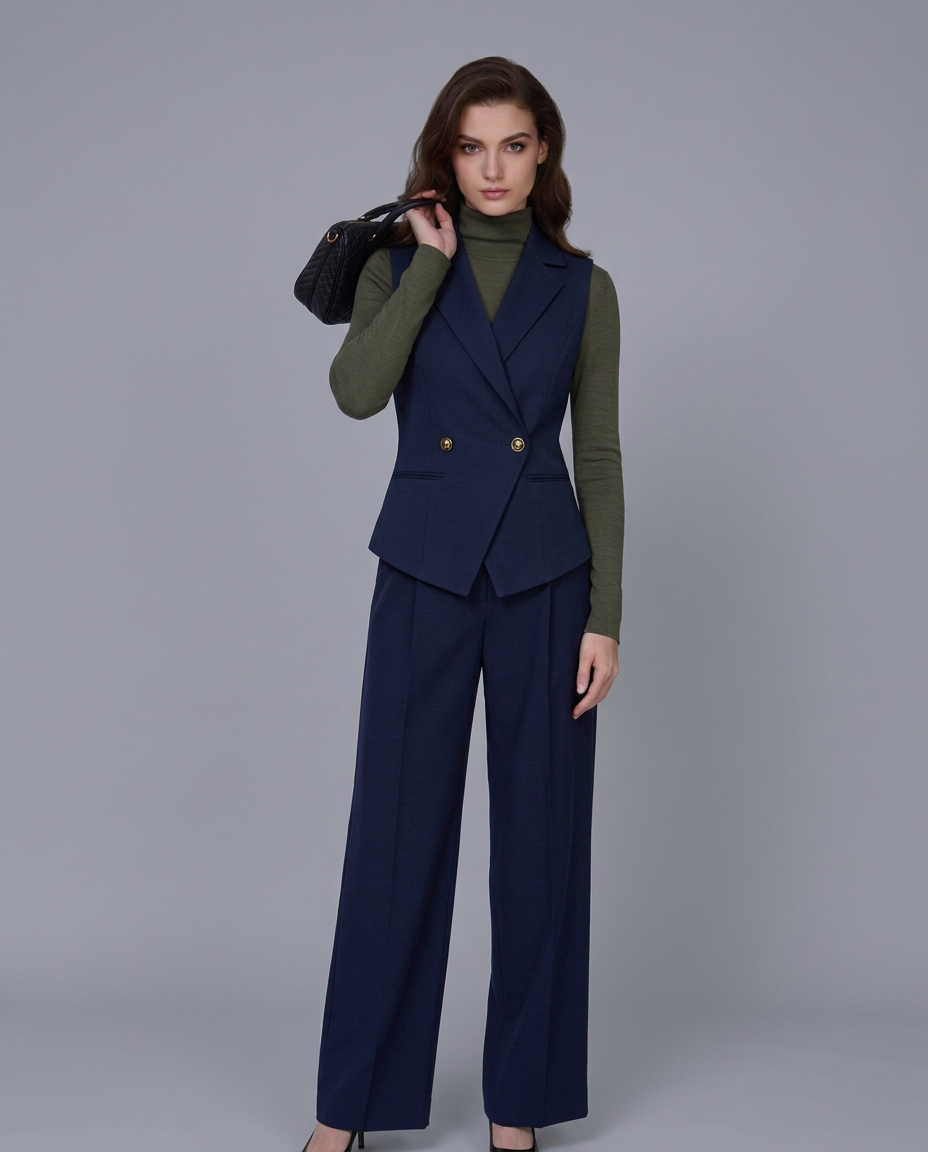 Navy 100% Wool Cavalry Twill Double Breasted Vest with Asymmetric Placket | 100% Wool