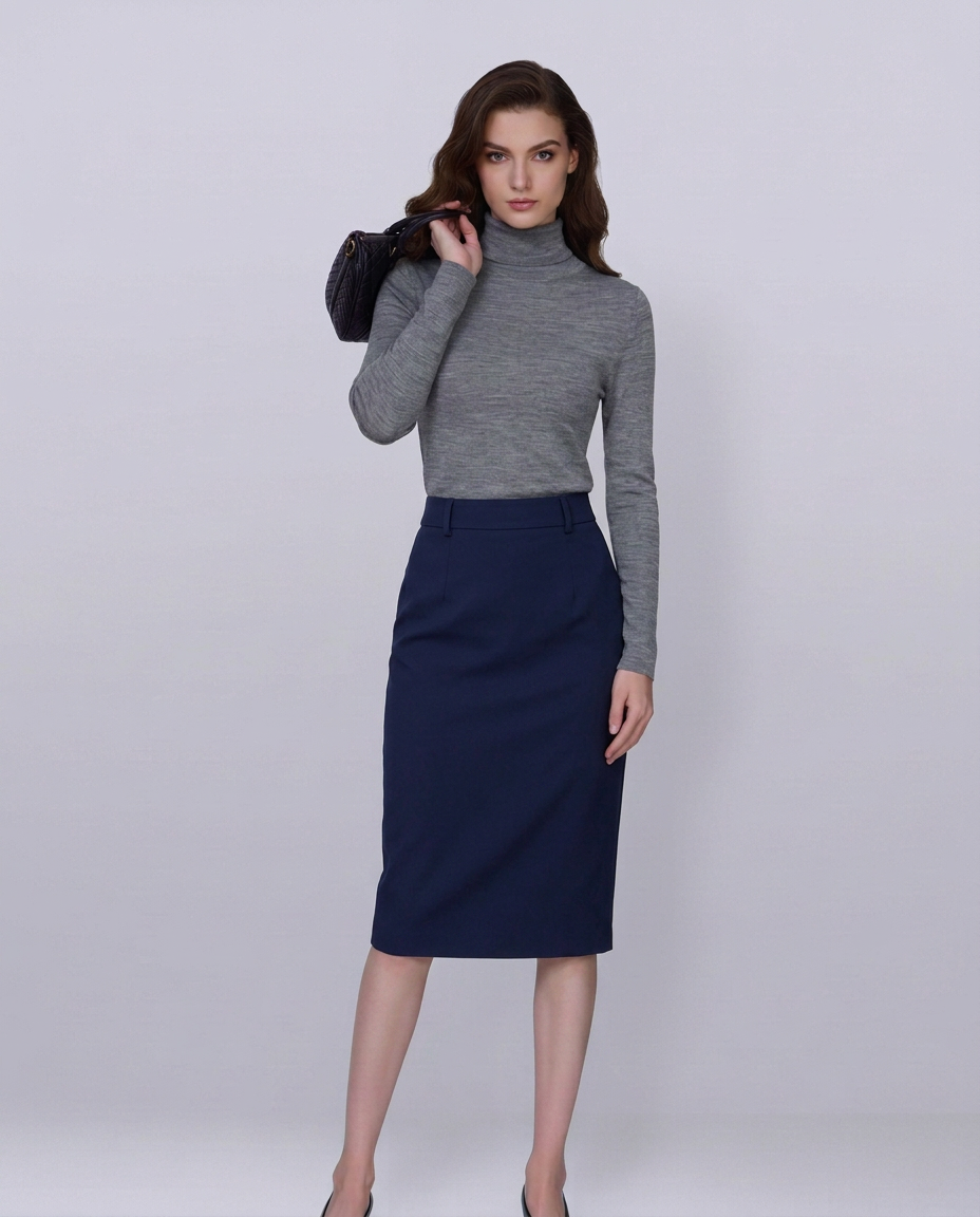 Navy 100% Wool Cavalry Twill High Waist Midi Pencil Skirt | 100% Wool