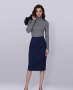 Navy 100% Wool Cavalry Twill High Waist Midi Pencil Skirt | 100% Wool