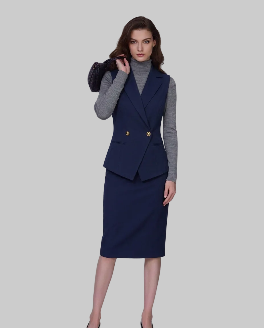 Navy 100% Wool Cavalry Twill Double Breasted Vest with Asymmetric Placket | 100% Wool