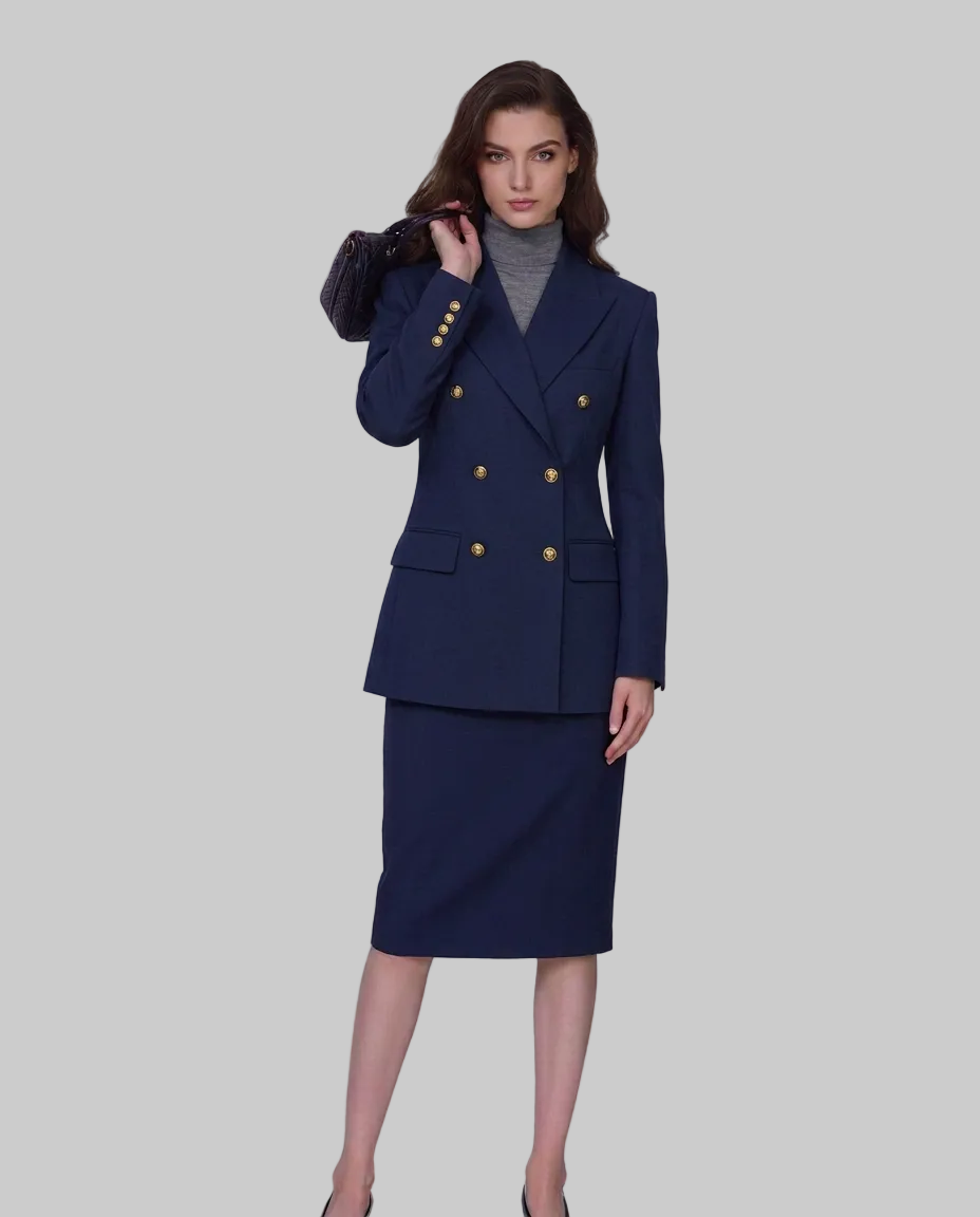 Navy 100% Wool Cavalry Twill Double Breasted Blazer | 100% Wool