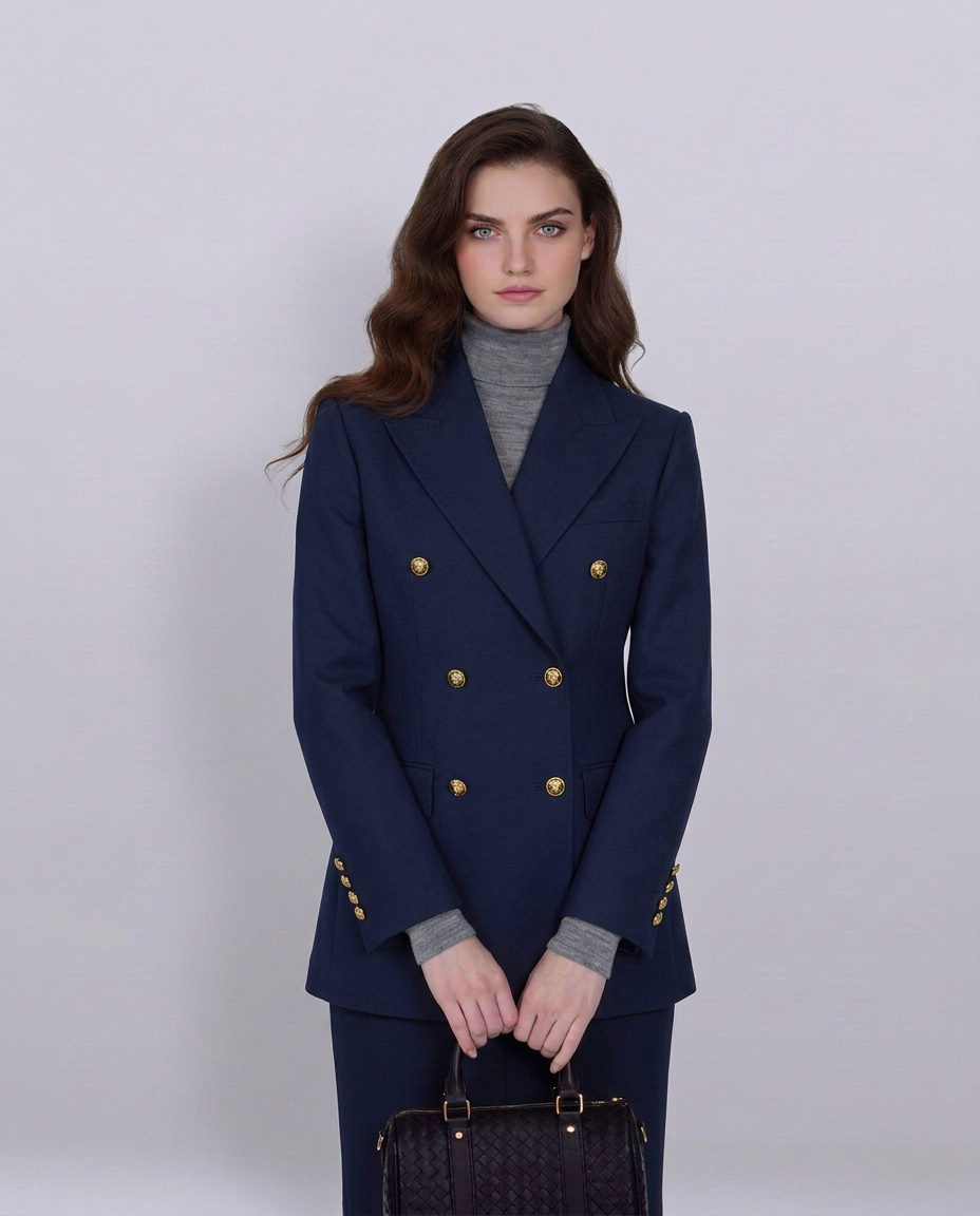 Navy 100% Wool Cavalry Twill Double Breasted Blazer | 100% Wool