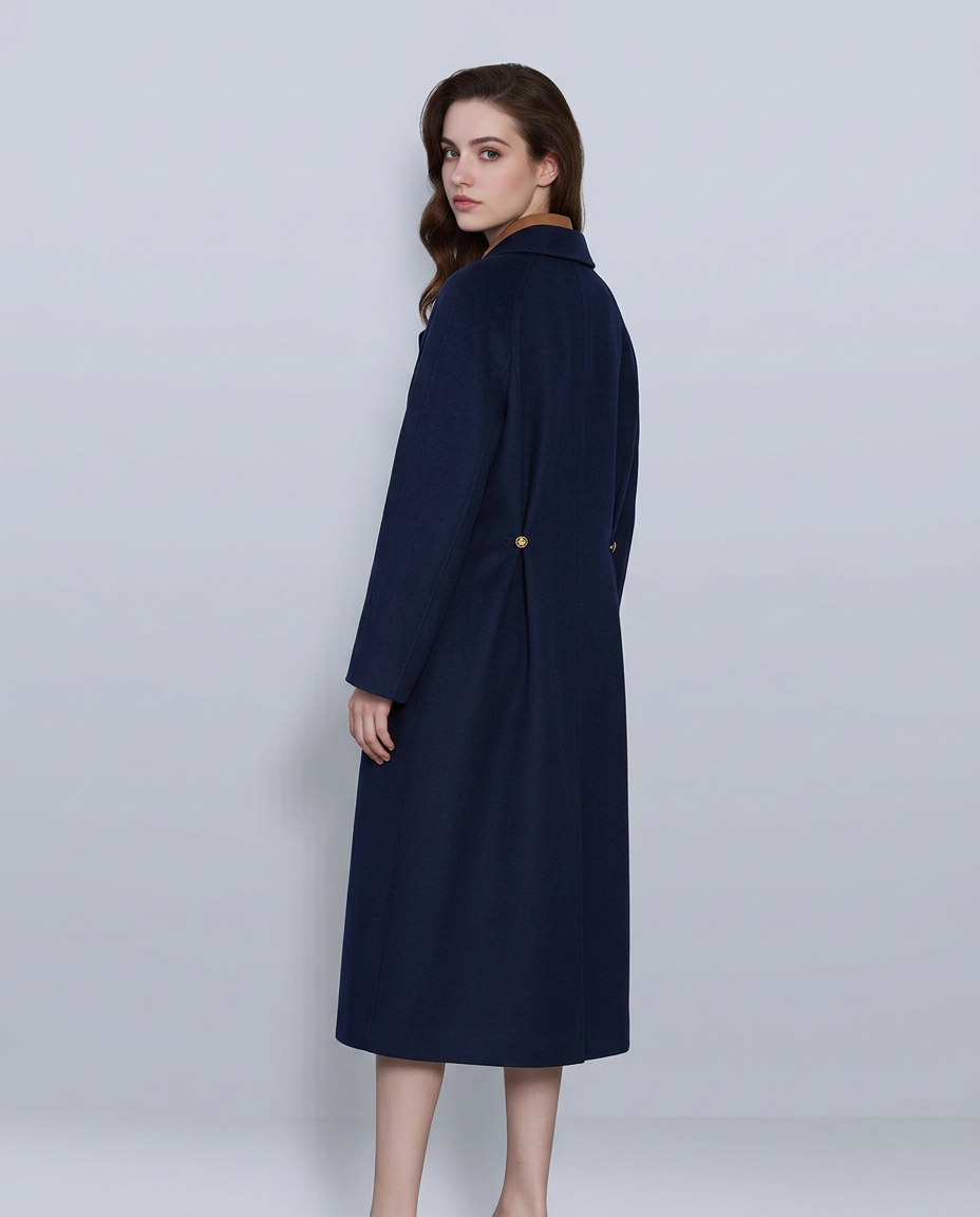 Navy 100% Wool Cavalry Twill Adjustable Waist Trench Coat| 100% Wool