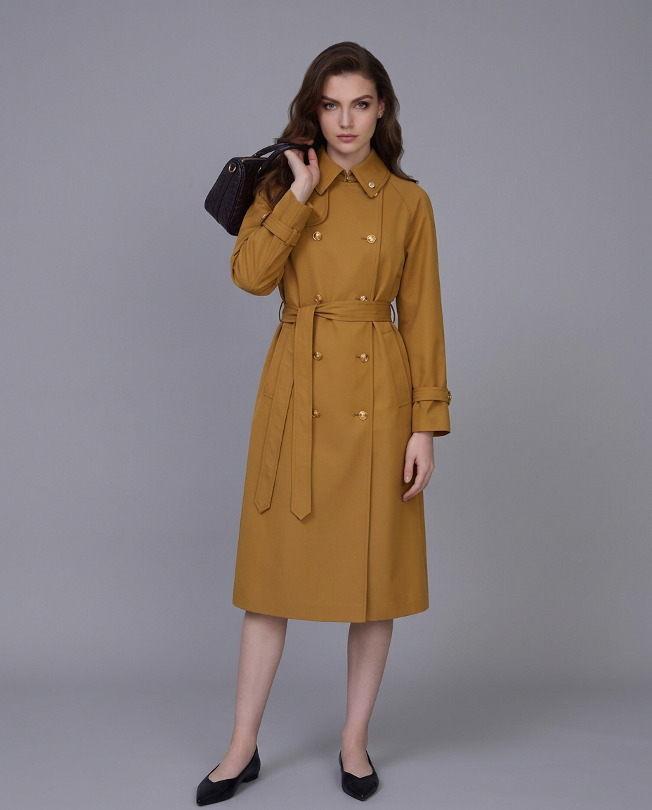 Mustard Yellow Classic Raglan Sleeve Trench Coat| 100% Wool