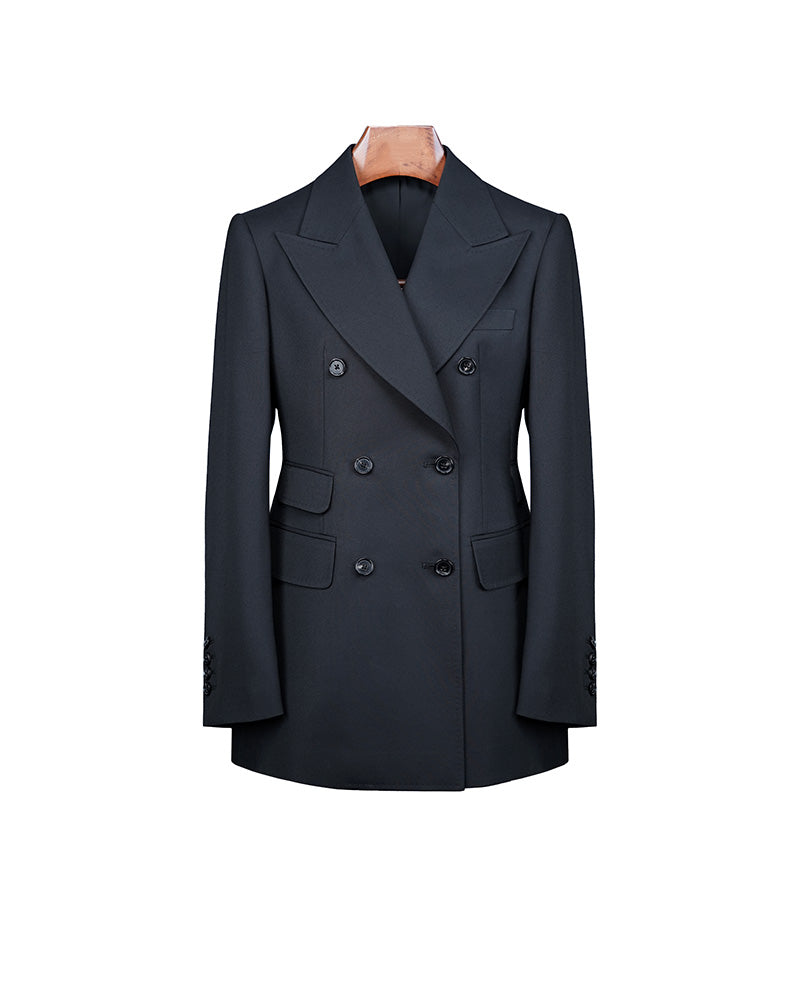 Deep Black Silk Wool Double-Breasted Blazer Suitpure