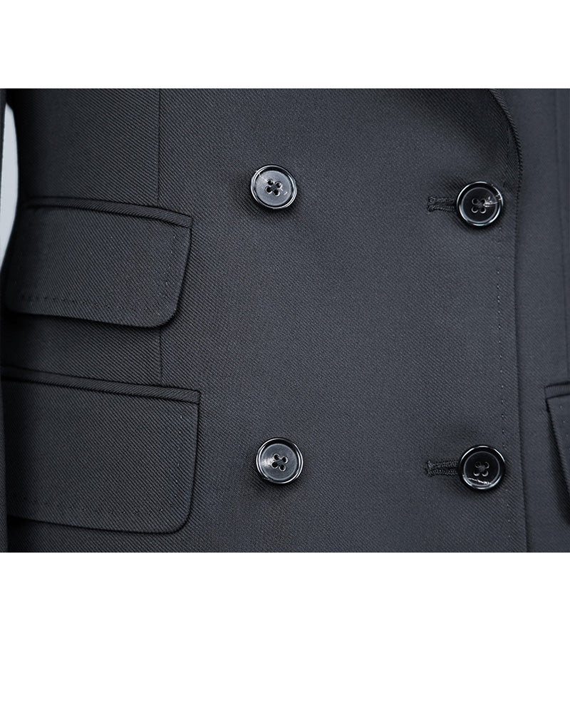 Deep Black Silk Wool Double-Breasted Blazer Suitpure