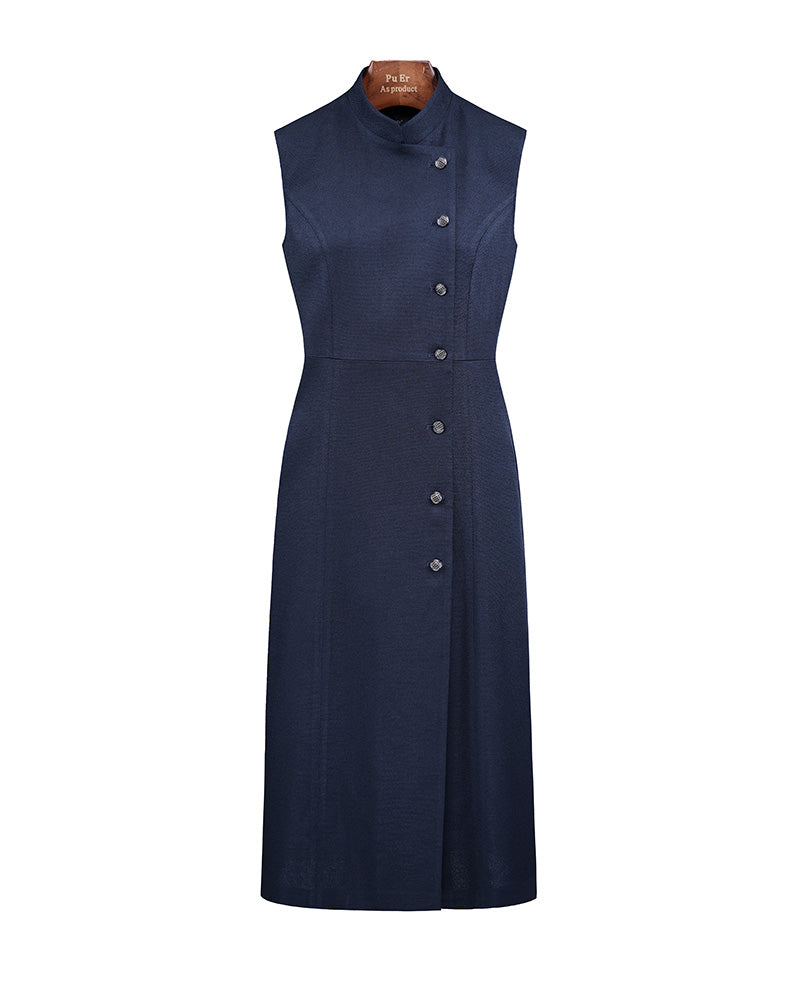 Acetate Mandarin Collar Sleeveless Dress