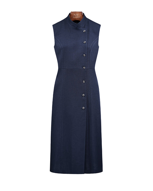 Acetate Mandarin Collar Sleeveless Dress