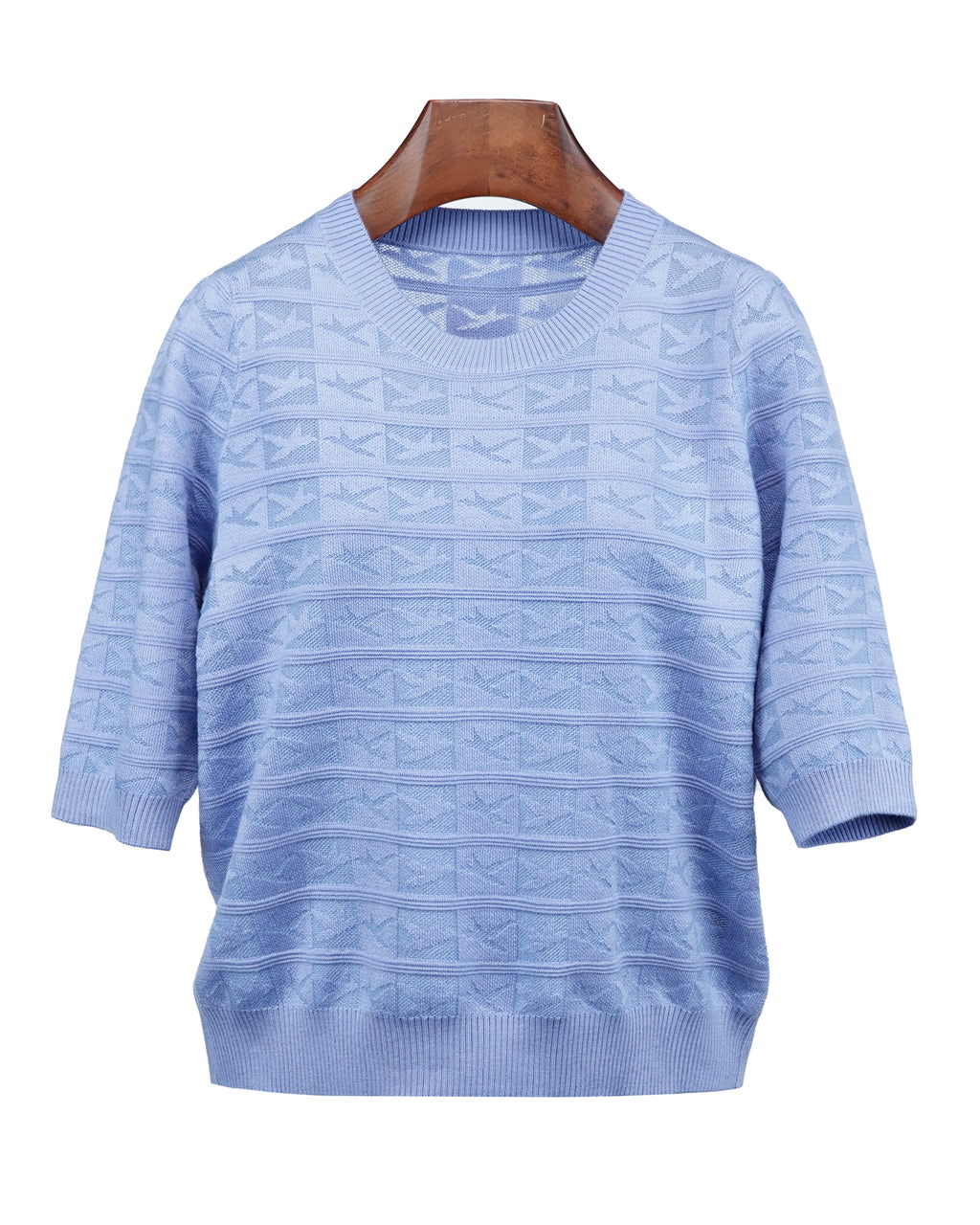 Sky Blue Crewneck Knit Top | Subtle Jacquard Texture