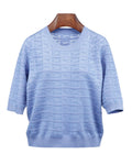 Sky Blue Crewneck Knit Top | Subtle Jacquard Texture Suitpure
