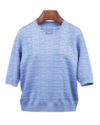 Sky Blue Crewneck Knit Top | Subtle Jacquard Texture