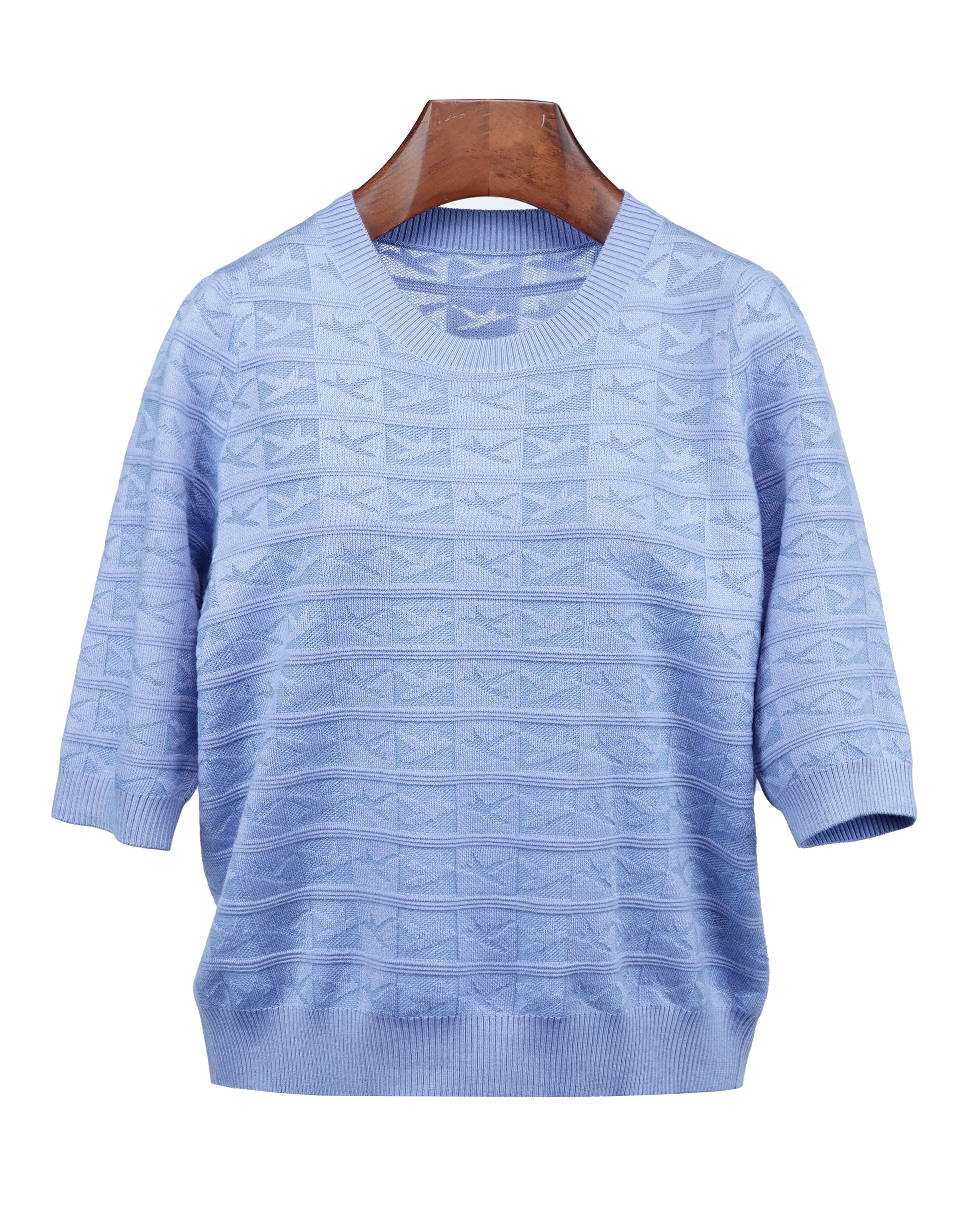 Sky Blue Crewneck Knit Top | Subtle Jacquard Texture