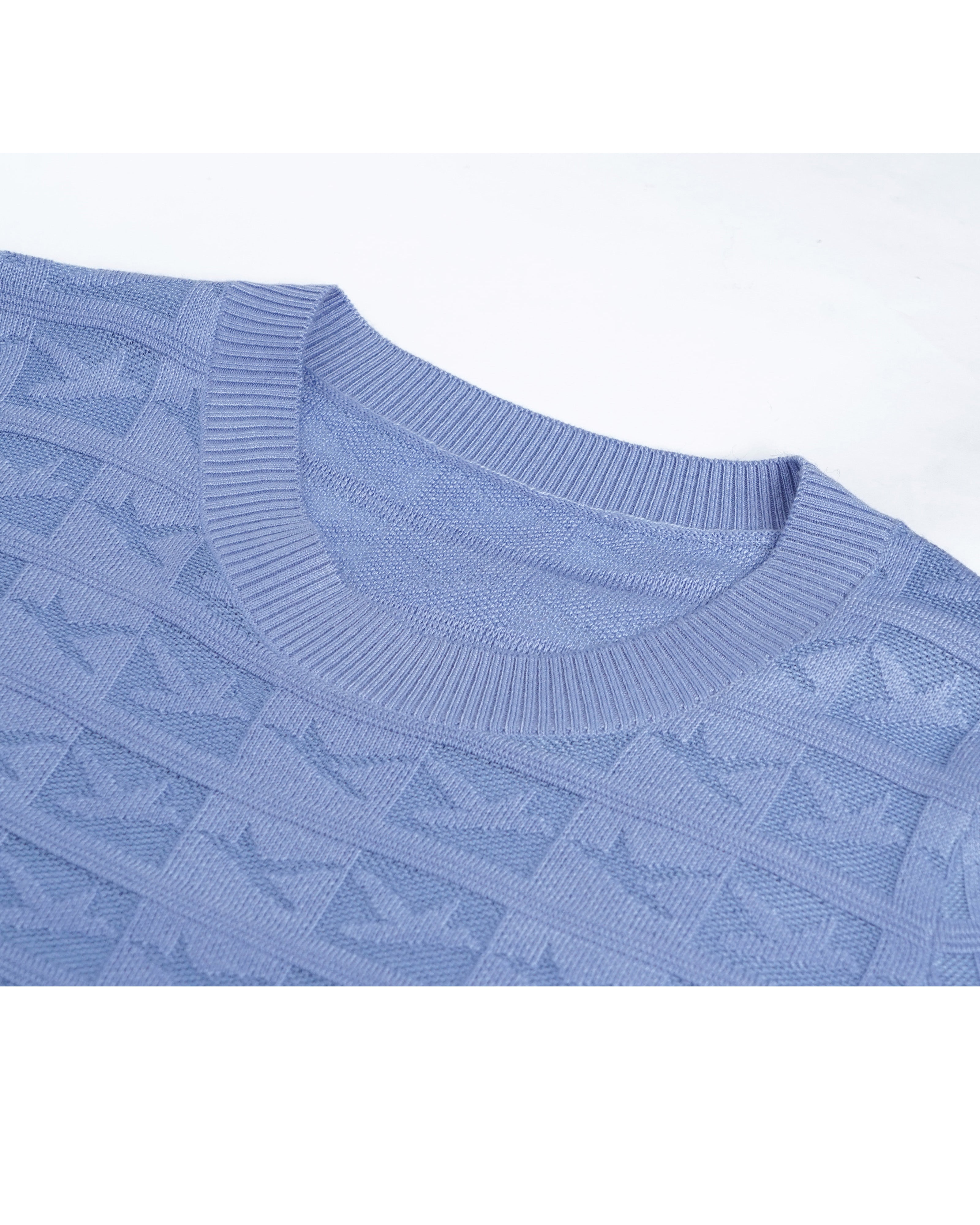 Sky Blue Crewneck Knit Top | Subtle Jacquard Texture