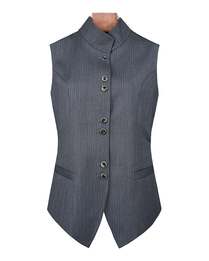 Fine Wool Grey Stripe Vest | Self-Tie Waist