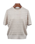 Khaki Openwork Knit Short Sleeve Top Suitpure