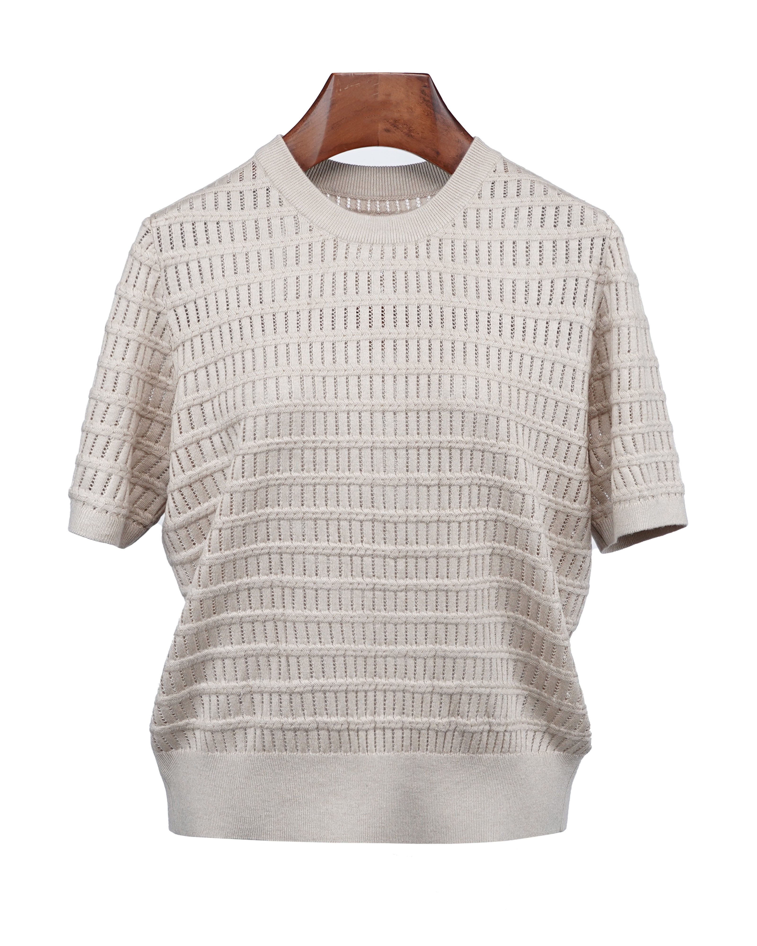 Khaki Openwork Knit Short Sleeve Top