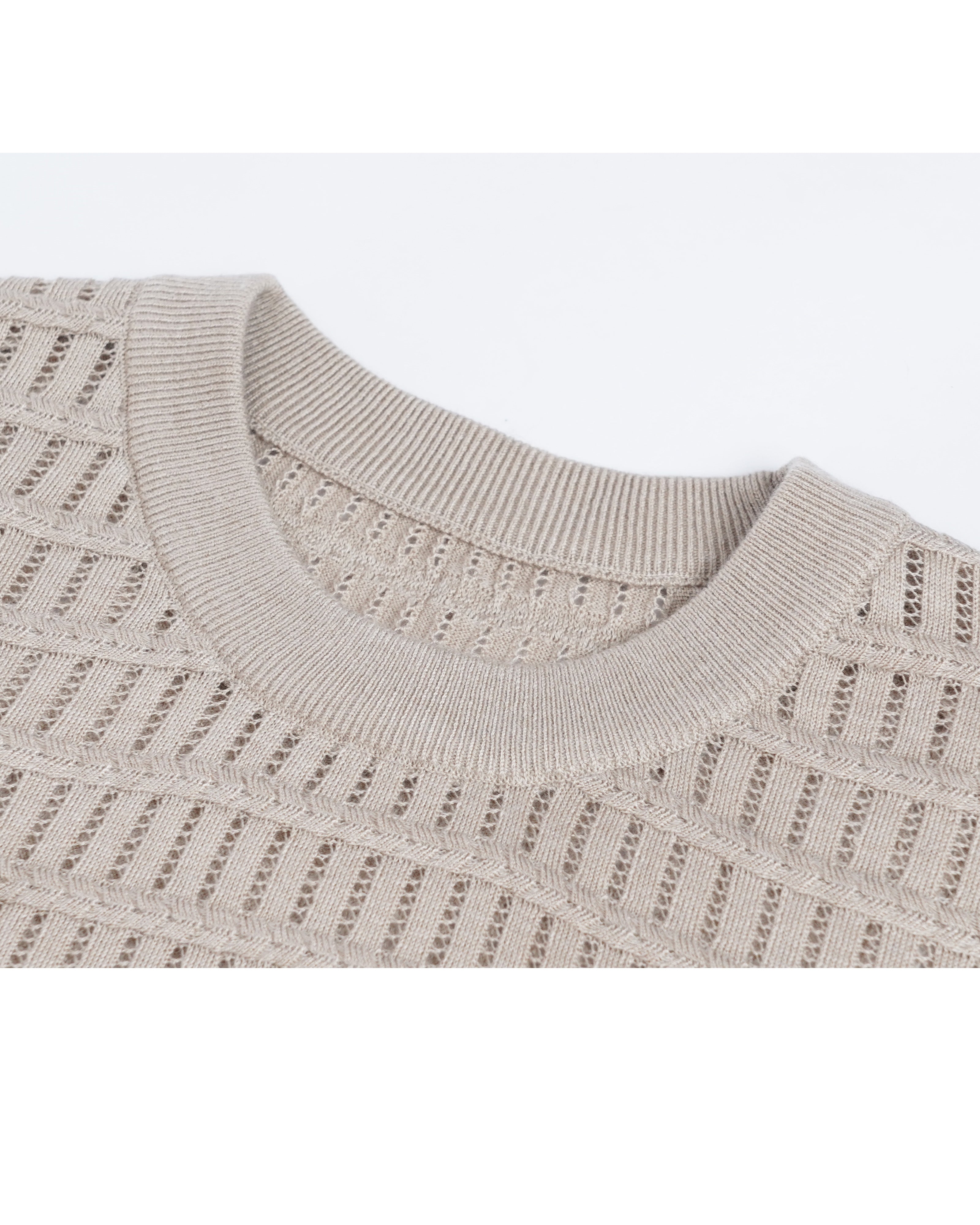 Khaki Openwork Knit Short Sleeve Top