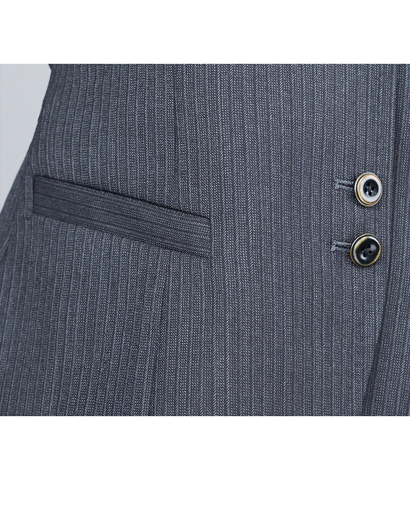 Fine Wool Grey Stripe Vest | Self-Tie Waist