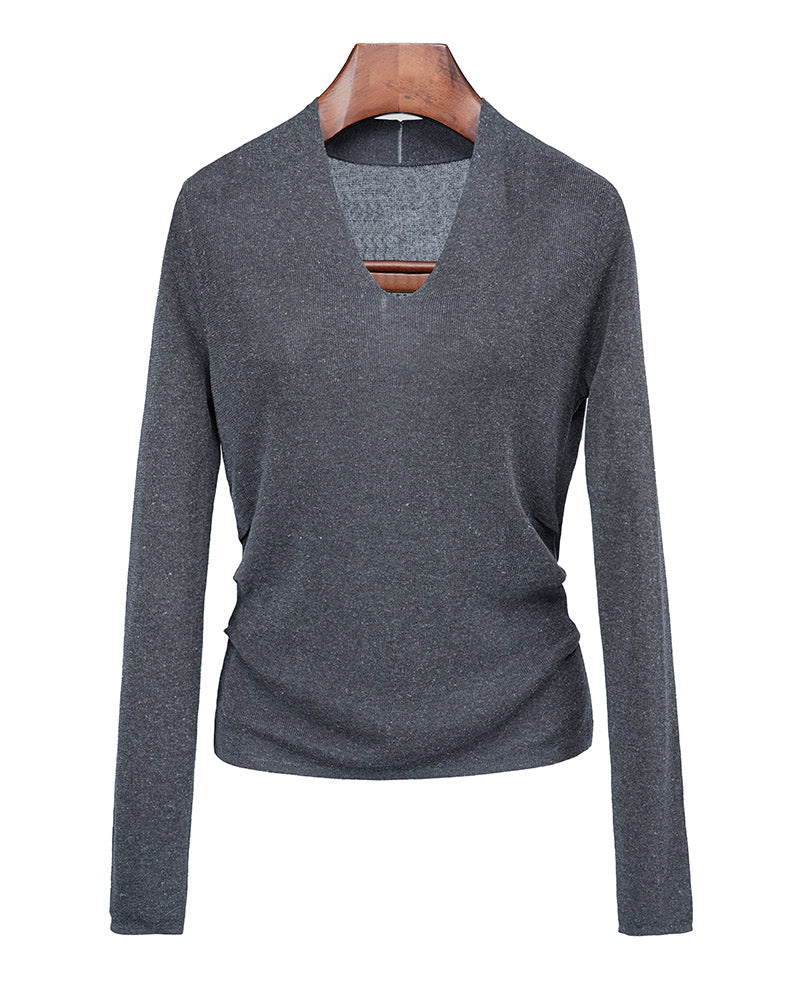 V-Neck Knit Top with Darted Waist Detail